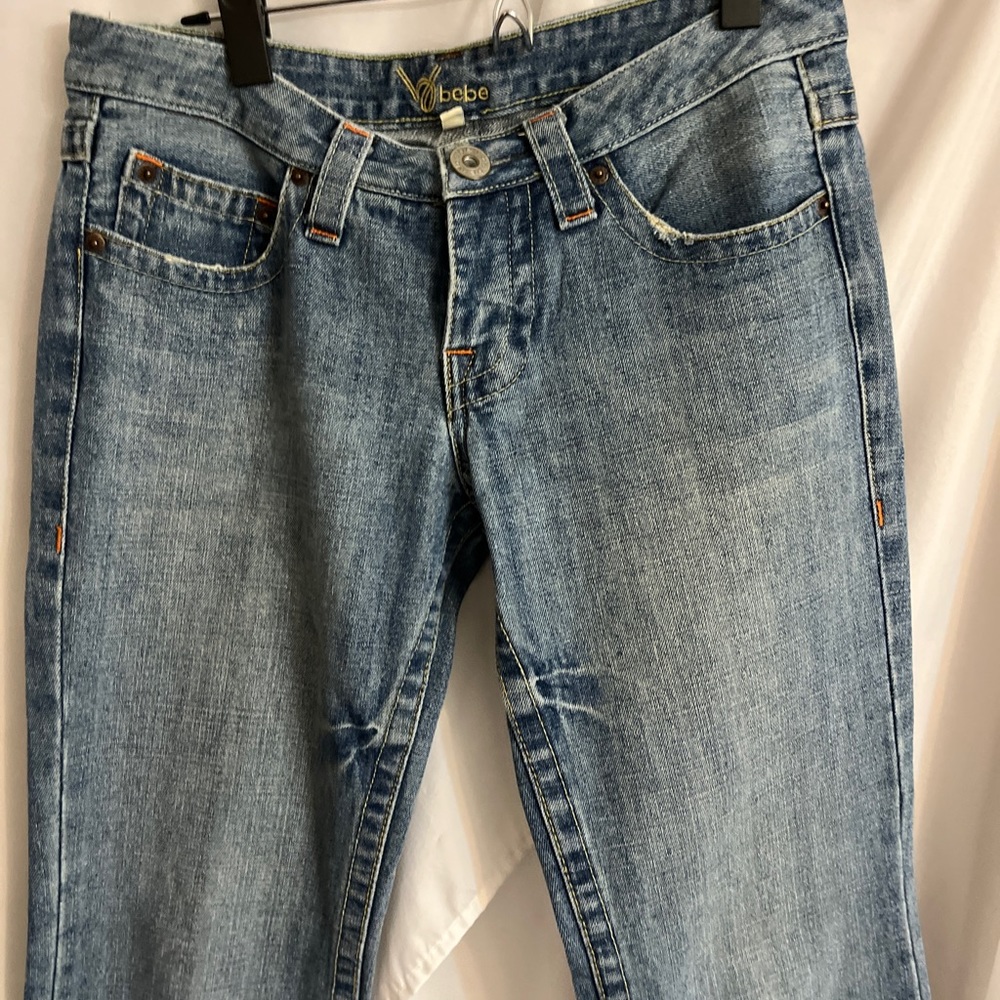 Bebe Women’s Jeans Size 30 embellished pockets boot cut mid rise 30 inch inseam!